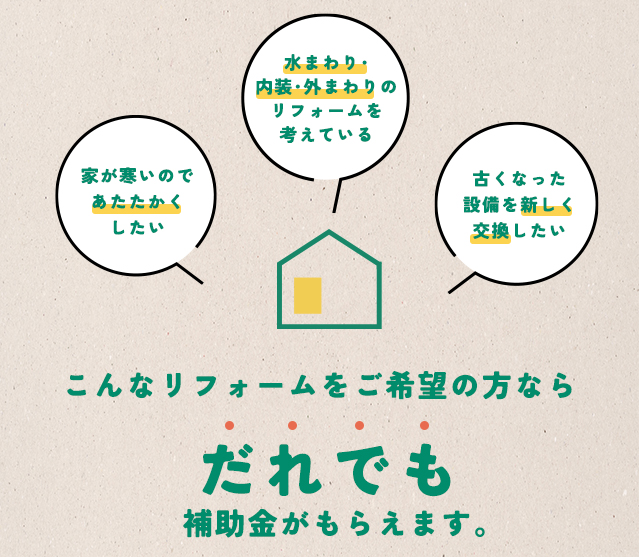 家が寒いのであたたかくしたい、水まわり・外まわり・内装のリフォームを考えている、古くなった設備を新しく交換したい こんなリフォームをご希望の方ならだれでも補助金がもらえます